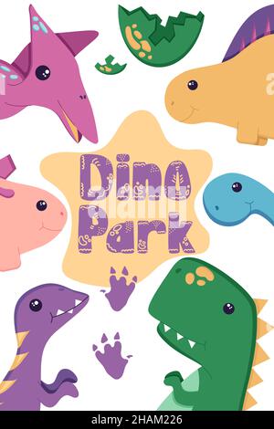 Poster von niedlichen Dinosauriern für die Dekoration des Kindergartens, mesozoische Aufkleber für Kinder, mit handgezeichneter Schrift in flachem Stil, isoliert auf einem weißen Stock Vektor