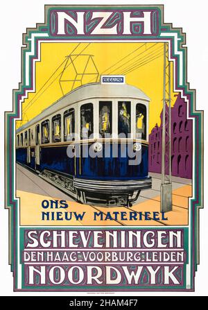 NZH. Ons Nieuw Matrieel. Scheveningen - Den Haag - Voorburg - Leiden - Noordwyk von Herman Heuff (1875-1945). Plakat veröffentlicht im Jahr 1924 in den Niederlanden. Stockfoto