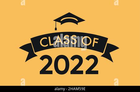 Klasse von 2022 mit Graduation Cap. Flaches schlichtes Design auf Gelb Stock Vektor