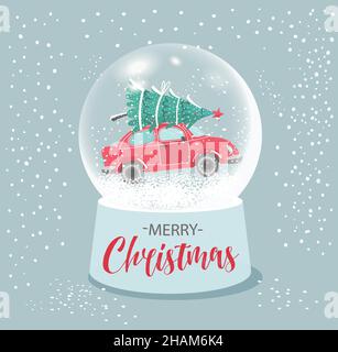 Weihnachtskugel mit Auto und Baum auf der Oberseite in einem Schneewald. Vektorgrafik. Stock Vektor