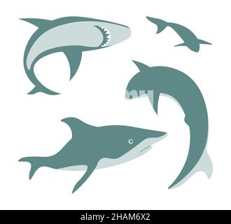 Set von grauen Haien isoliert auf weißem Hintergrund. Schwimmende Meerestiere, Unterwasserfauna. Flache Vektorgrafik. Stock Vektor