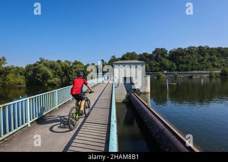 Mülheim an der Ruhr, Nordrhein-Westfalen, Deutschland - Saarn-Mendener Ruhraue, grünes Ruhrgebiet. Radfahrer fahren auf dem Fuß- und Radweg der Ruhrin Stockfoto