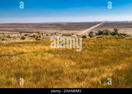 Wasserquelle Oase auf dem Bush Rim, Klippe in Red Desert, Alkali Draw Wilderness Study Area, Bar X Road (CR 21), Great Divide Basin, Wyoming, USA Stockfoto