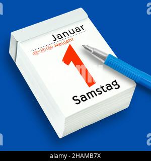 Deutscher Kalender 2022. Januar 1 Samstag Neujahr und blauer Hintergrund Stockfoto