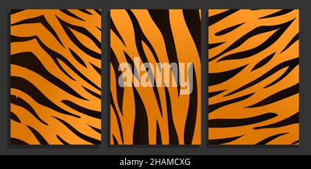 Hintergrund mit Tiger-Skin-Textur. Tiger schwarz und orange Streifen Pelz Hintergrund Kollektion. Vektor-Hintergrundmuster Stock Vektor