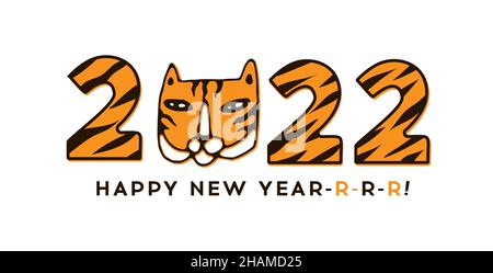 Neues Jahr des Tigers 2022 Konzeptbanner. Zahlen des Jahres 2022 mit Streifen und niedlichem Tiger-Gesicht. Handgezeichnete Vektorgrafik in Cartoon-Doodle Stock Vektor