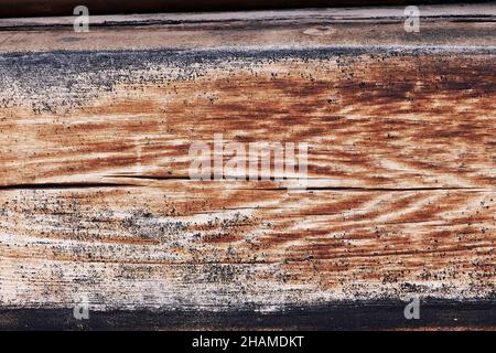 Hintergrund der alten hölzernen Planke von brauner Farbe mit dunklen Flecken und ungleichmäßiger Textur Stockfoto