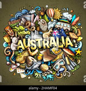 Australien handgezeichnete Cartoon Doodle Illustration. Lustiges australisches Design. Kreativer Vektorhintergrund. Handgeschriebener Text mit Länderelementen von Ozeanien Stock Vektor