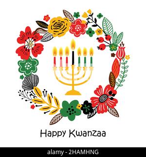 Banner für Kwanzaa mit traditionellen Kerzen, die die Sieben Prinzipien oder Nguzo Saba repräsentieren. Schriftzug Happy Kwanzaa. Stock Vektor