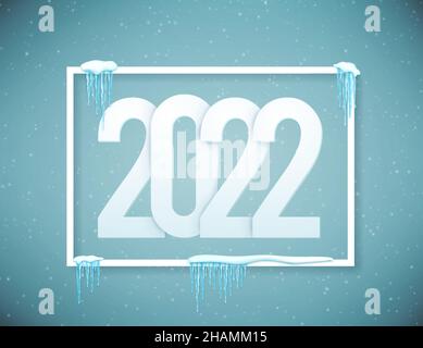 Frohes neues Jahr 2022 steht vor der Tür, Plakat mit Beschriftungskomposition. Saisonale Flyer und Grußkarten für Weihnachtsferien mit realistischem Schnee und Eiszapfen. Vektorgrafik. Stock Vektor