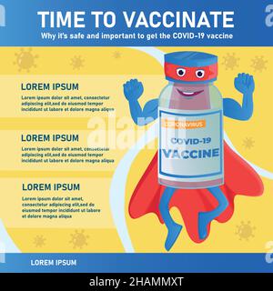 Konzeption des Impfkonzepts. Zeit zum Impfen Banner - Impffläschchen wie ein Superheld trägt einen Umhang und zeigt seine Muskeln. Stock Vektor