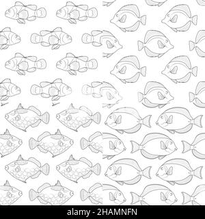 Satz von nahtlosen Mustern mit dem Bild von tropischen Fischen. Schwarz-weißer Vektorhintergrund. Stock Vektor