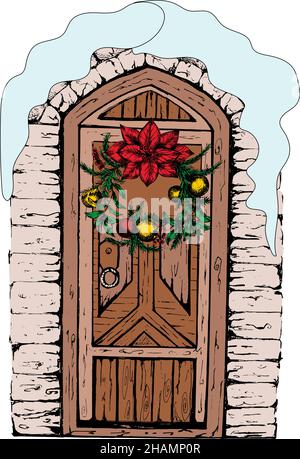 Geschlossener schneebedeckter Eingang im Schnee mit Weihnachtskranz. Handgezeichnete Vintage-Tür. Stock Vektor