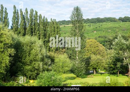 Huntsman Bridge,Huntsman Bridge Camping,Camp,Camping,site,gelegen,neben,River Wye,gelegen im Wye Valley Gebiet von außergewöhnlicher natürlicher Schönheit, befindet sich Huntsham Bridge Camping in einer atemberaubenden Lage am Ufer des Flusses Wye zwischen Goodrich und Symonds Yat. Unser Campingplatz liegt in Reichweite des Forest of Dean und vor der Haustür gibt es viel zu tun, einschließlich Kanufahren, Kajakfahren, Paddle Boarding, Wildschwimmen, Radfahren, Klettern und Wandern (Zugang zum Fluss vom Gelände). Geeignet für Zelte und kleine ‘VW’ große Wohnmobil, da es sich um einen kleinen, freundlichen Campingplatz handelt. Stockfoto