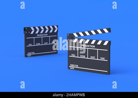 Filmklapper-Boards auf blauem Hintergrund. Zubehör für die Filmproduktion. Kinematografie-Konzept. Film im Kino. 3D Rendern Stockfoto