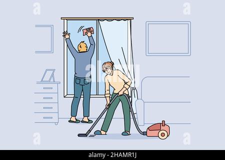 Hausarbeit und Reinigung Wohnung Konzept. Junges Paar in Hauskleidung Reinigung Fenster und saugen Teppich zusammen zu Hause am Wochenende Vektor-Illustration Stock Vektor