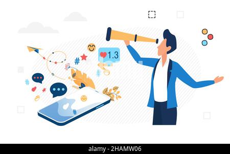 Soziale Netzwerke und Plattformen für die Kommunikation in mobilen Anwendungen. Massenmedien Marketing Konzept, Community-Werbung, Vektor-Design Stock Vektor