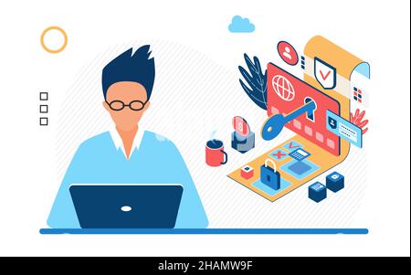 Vektor-Illustration von Cartoon männlichen Entwickler-Figur arbeiten auf Laptop mit Datenschutz und Sicherheits-Tools Stock Vektor