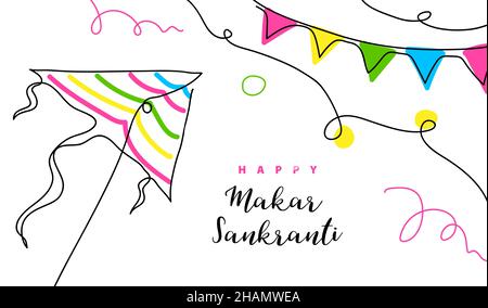 Vektorbanner Makar Sankranti, Poster. Kite eine Linie Kunst Zeichnung Hintergrund. Durchgehende lineart mit Text Happy Makar Sankranti Stock Vektor