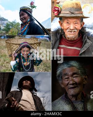 (211214) -- LHASA, 14. Dezember 2021 (Xinhua) -- Combo-Foto vom 24. November 2021 zeigt Sherpa-Dorfbewohner in der Stadt Zhentang in Xigaze, der autonomen Region Tibet im Südwesten Chinas. Tief im Himalaya gelegen, ist eine kleine Stadt namens Zhentang im tibetischen Dinggye County eine der Siedlungen für den Sherpa. Die Grenzstadt hat eine durchschnittliche Höhe von 2.000 Metern. In den letzten Jahren haben sich in Zhentang große Veränderungen ergeben. Eine Reihe von Infrastrukturprojekten wurden in Betrieb genommen. Außerdem konzentriert sich Zhentang auch auf die Entwicklung des grenzüberschreitenden Handels, der Aquakultur, des Tourismus und der Verarbeitung ind Stockfoto