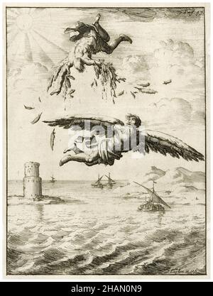 Fall des Ikarus, Radierung von Jan Luyken, 1686 Stockfoto