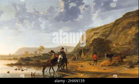 Aelbert Cuyp, Flusslandschaft mit Reitern, Malerei, 1653-1657 Stockfoto