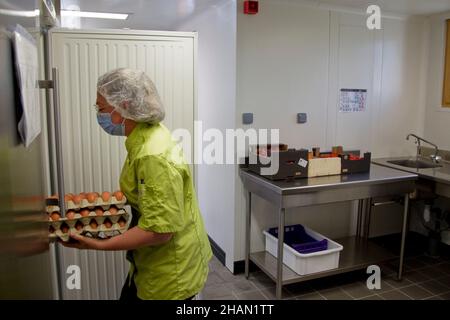 Kantine der Grundschule von Saint-Martin-de-Queyrieres (Französische Alpen, Südostfrankreich). Lokale Bio-Produkte Lieferung für die Herstellung von Stockfoto