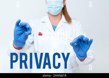 Schild mit der Anzeige „Datenschutz“. Wort für das Recht, persönliche Angelegenheiten und Informationen geheim zu halten Präsentation und Analyse von Medical Specimen Displaying Test Stockfoto