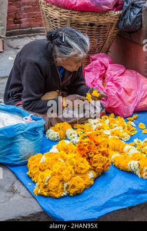 Eine ältere nepalesische Frau schnüre Blumen, um Girlanden für religiöse Opfer in Hindu-Tempeln in Kathmandu, Nepal, zu machen. Stockfoto