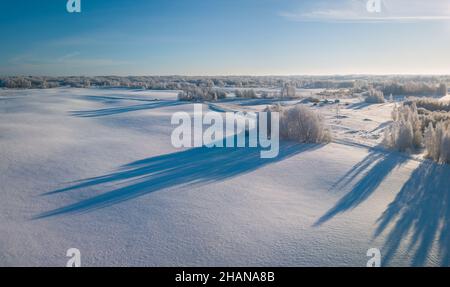 Fabelhafte Luft Winterlandschaft Hintergrund von Frost auf Ästen, extrem kalten Umgebungsbedingungen, kalten Wintertag mit Sonnenlicht Stockfoto
