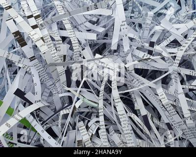 Geschreddert Papier Dokumente Hintergrund, der Müll Abfall Müll Müll Müll bereit für das Recycling, um Betrug und Identitätsdiebstahl zu verhindern, Stock Foto Bild Stockfoto