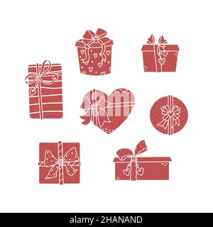 Set von Vektor-Illustrationen von Geschenkboxen mit Schleifen. Illustrationen zum Valentinstag in schlichtem Stil. Stock Vektor