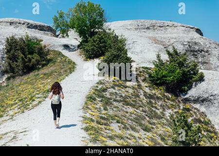 Touristen Frau Reisende auf einem Berg allein schaut auf die Landschaft Stockfoto