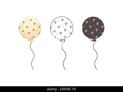Satz von Vektorgrafiken eines runden Ballons. Illustration zum Valentinstag in Umrissen, flach und schlicht. Stock Vektor