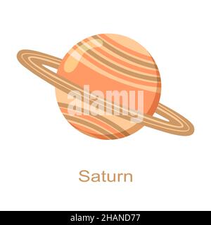 Saturn-Planet mit Ring-Symbol mit Namen isoliert auf weißem Hintergrund. Universumselement des Sonnensystems. Kinder planetarisch. Vektorgrafik Cartoon-Illustration. Stock Vektor