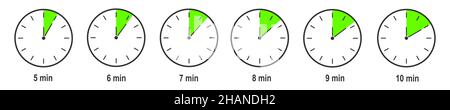 Timer-Symbole mit 5, 6, 7, 8, 9, 10-Minuten-Zeitintervall. Countdown-Uhr oder Stoppuhrsymbole. Infografik-Elemente für die Kochanleitung. Vektorgrafik flach. Stock Vektor