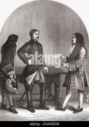 Interview zwischen Marlborough, rechts, und Charles XII von Schweden, Mitte, in Altranstädt, 1707. General John Churchill, 1st Herzog von Marlborough, 1st Prinz von Mindelheim, 1st Graf von Nellenburg, Prinz des Heiligen Römischen Reiches, 1650 – 1722. Englischer Soldat und Staatsmann. Charles XII, alias Carl XII oder Carolus Rex, 1682–1718. König von Schweden. Aus Cassells Illustrated History of England, veröffentlicht um 1890. Stockfoto