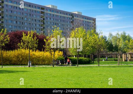 POSEN, POLEN - 22. Apr 2018: Das grüne Gras und die Bäume vor einem Mehrfamilienhaus im Rataje Park. Stockfoto