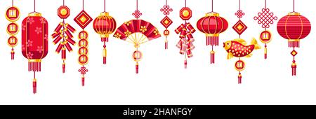 Glückwünsche zum chinesischen Neujahr mit hängenden Laternen. Hintergrund mit Talismanen und Weihnachtsdekorationen. Asiatische Traditionssymbole. Stock Vektor