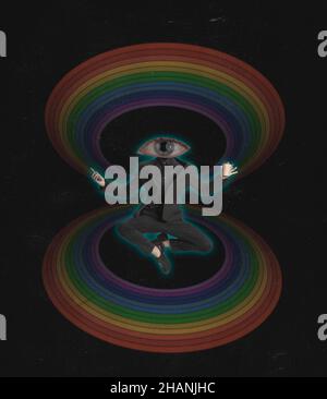 Büroangestellter für zeitgenössische Kunstcollagen, ein Mann in einem Anzug mit einem Augenkopf sitzt in einer Yoga-Lotus-Pose isoliert auf regenbogenschwarzem Hintergrund Stockfoto