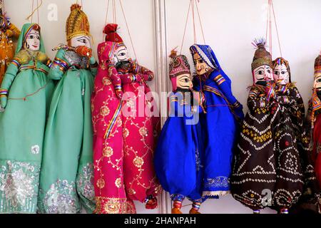 Rajasthani Puppentheater Kunst wird als Kathputli, Kathputli ist ein String Puppentheater, aus Rajasthan, Indien Stockfoto