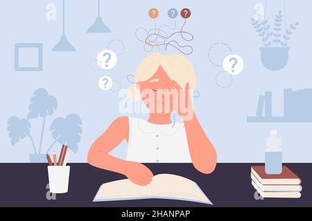 Schüler mit schwer wählenden Vektorgrafik. Cartoon unglücklich verwirrt Kind tun komplizierte Hausaufgaben Test mit Stress, Kind sitzt am Schreibtisch zu studieren. Bildung, Schwierigkeiten im Prüfungskonzept Stock Vektor