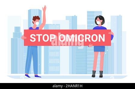 Soziale Abstandsverhinderung, stoppen omicron-Virus-Konzept, Menschen halten sichere Entfernung während Coronavirus Pandemie Quarantäne Vektor Illustration Stock Vektor