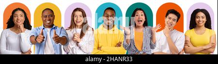 Collage aus fröhlichen, nachdenklichen, glücklichen, erfolgreichen und überraschten junge Menschen auf buntem Hintergrund Stockfoto