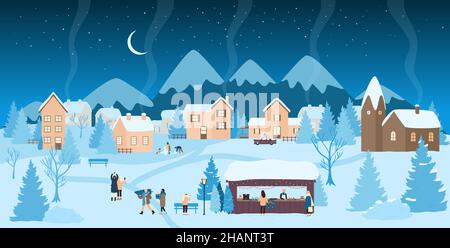 Die Menschen genießen Weihnachtsmarkt in Winter Dorf Landschaft bei Nacht Vektor-Illustration. Cartoon-Häuser mit Lichtern und Rauchkamin unter Schnee, Stände auf der Straße mit Lebensmitteln für Käufer Hintergrund Stock Vektor
