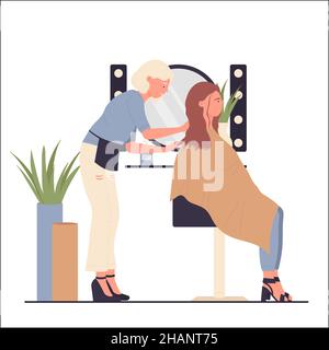 Friseur Schönheitssalon Pflege und Styling-Kopf-Look. Frisur Spezialist Schneiden Client Haar flach Vektor Illustration Stock Vektor