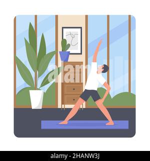 Mann Muskeln trainieren und Körpertraining zu Hause. Persönliche morgendliche tägliche Fitness-Workout-Routine flache Vektor-Illustration Stock Vektor