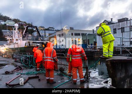 Arbeiter an einem Trockendock auf der alten BMV-Werft in Laksevaag, in der Nähe des Hafens von Bergen, Norwegen. Altes Fischerboot Kasfjord bereit, das Dock zu verlassen. Das Royal Yac Stockfoto