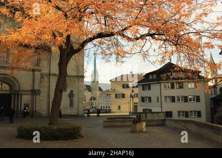 ZÜRICH, SCHWEIZ - 7. NOVEMBER 2021: Grossmünsterplatz im Herbst (Zürich, Schweiz). Herbst in der Schweiz oder Europa Konzept Stockfoto