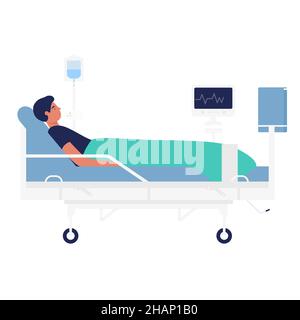 Kranker männlicher Patient mit Tropf im Krankenhausbett liegend. Verletzte Mann bettlägerig in medizinischen Institution Cartoon-Vektor-Illustration Stock Vektor